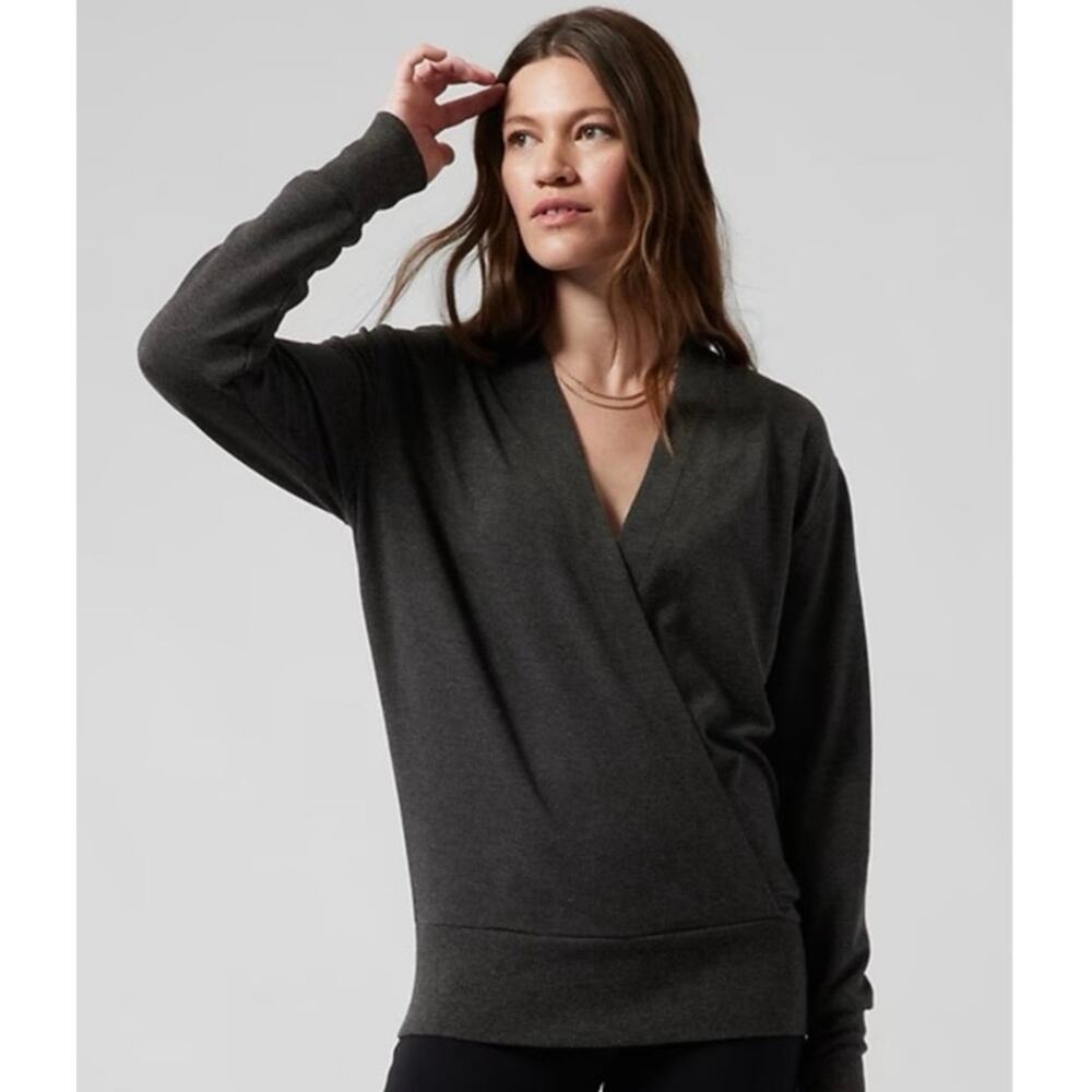 ATHLETA Womens L Purana V Neck Wrap Sweatshirt Gray Cozy Athleisure Yoga Workout